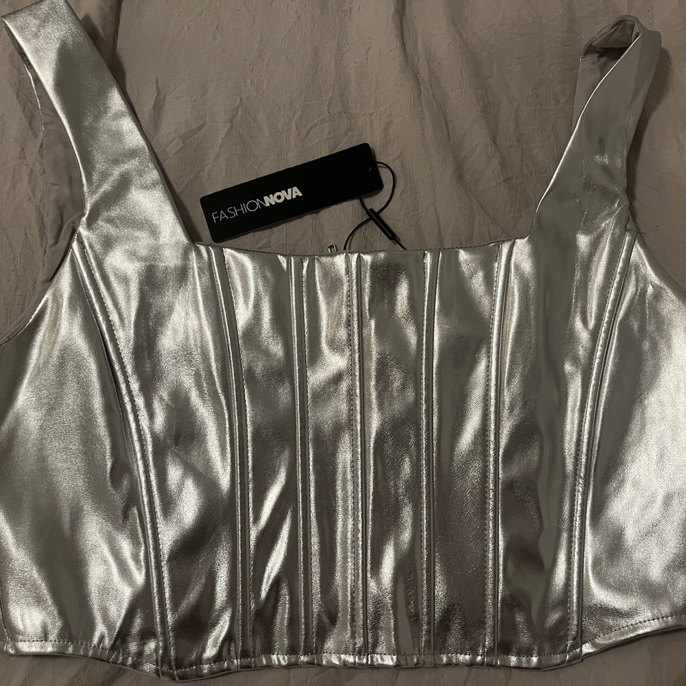 Fashion Nova Metallic Corset Top-Silver